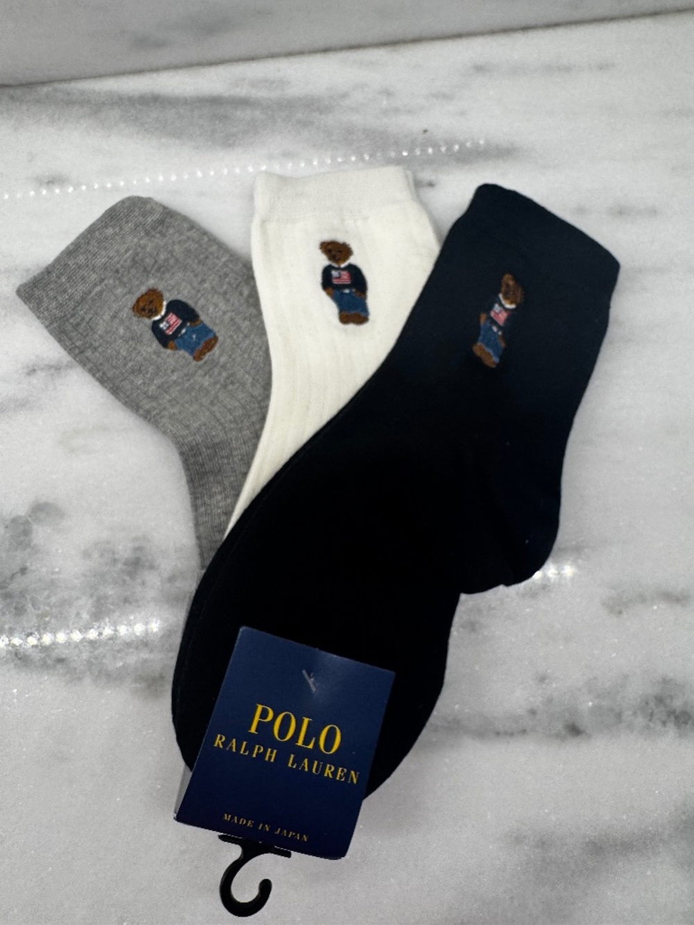 Polo Ralph Lauren 3 pack Ladies Rib Knit Bear Socks with American Flag.